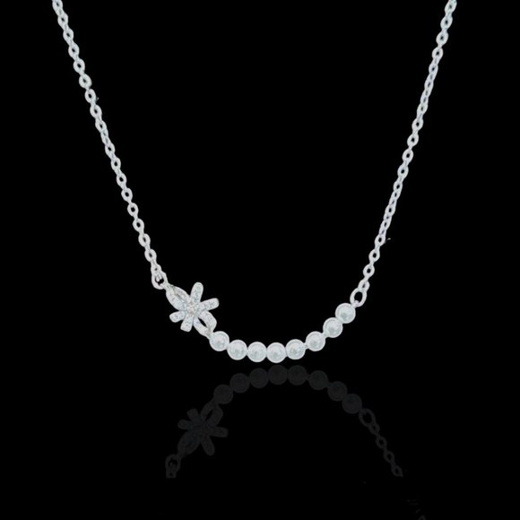 14k Gold Bow Pearl Diamonds Sterling Silver Necklace - Picture 1 of 9